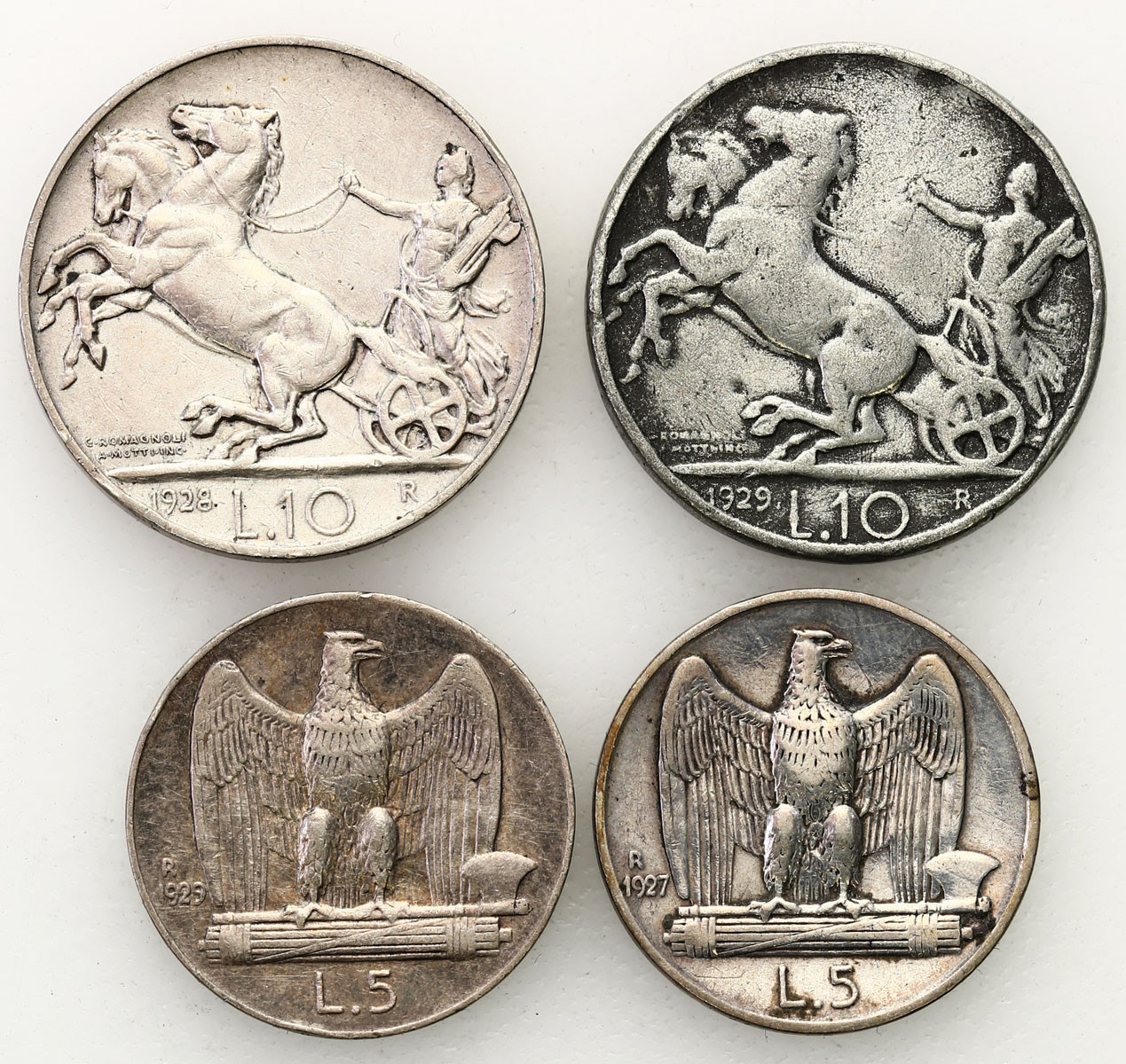 Włochy, Wiktor Emanuel III (1900-1943). 5, 10 lirów (1 szt. fałszerstwo) 1927-1929 R, Rzym, zestaw 4 monet